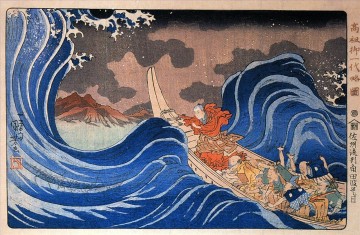 浮世絵 Painting - 佐渡島へ向かう角田の波の中 江戸時代 歌川国芳 浮世絵